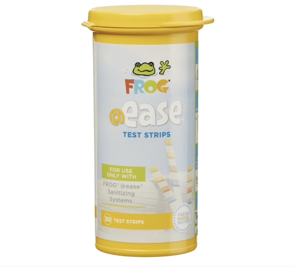 A container of FROG @Ease Floating Sanitizing System for Hot Tubs, Quick and Easy Self-Regulating Hot Tub Sanitizer with Sanitizing Minerals and SmartChlor Technology test strips on a white background.